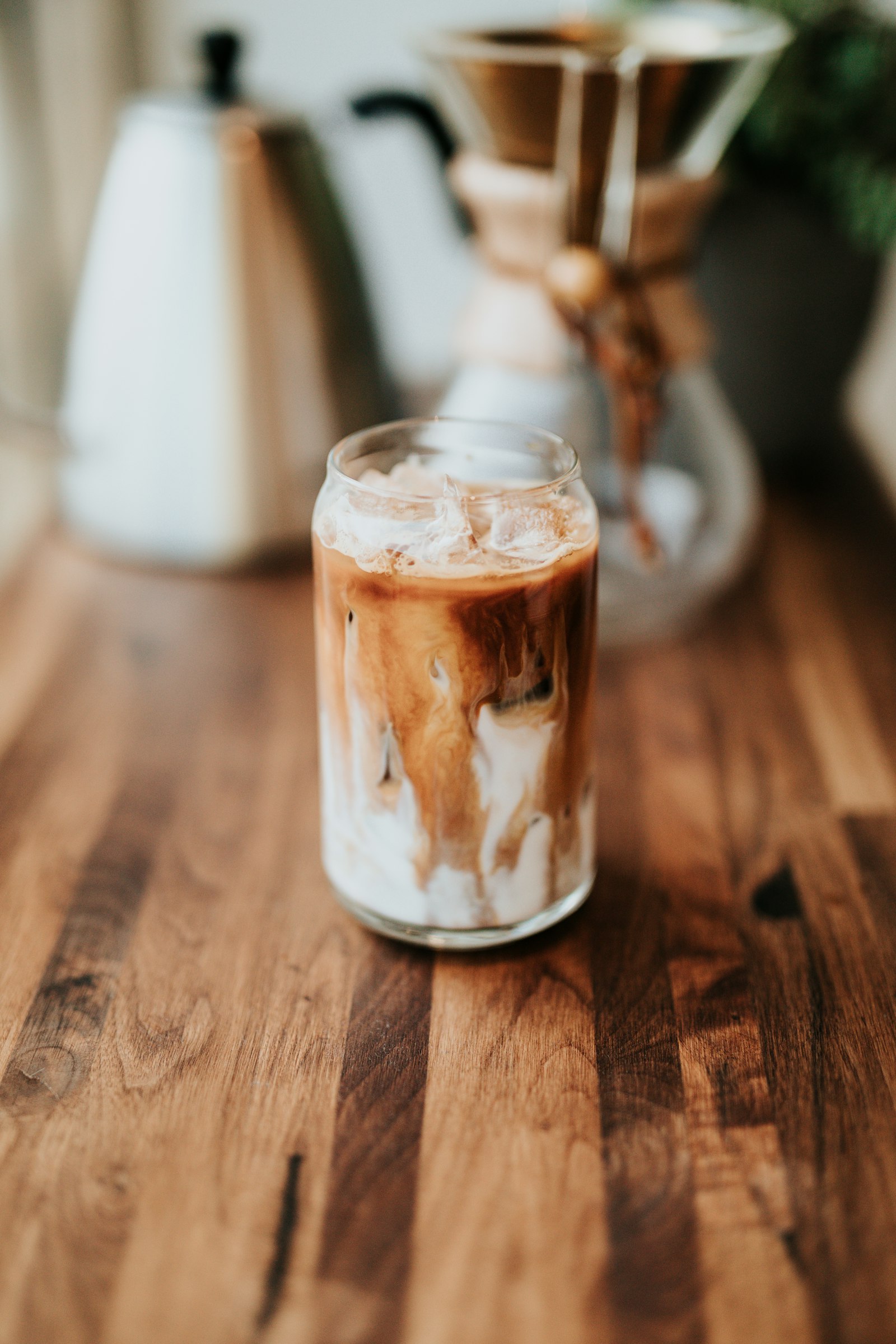 Iced latte on a wooden bar